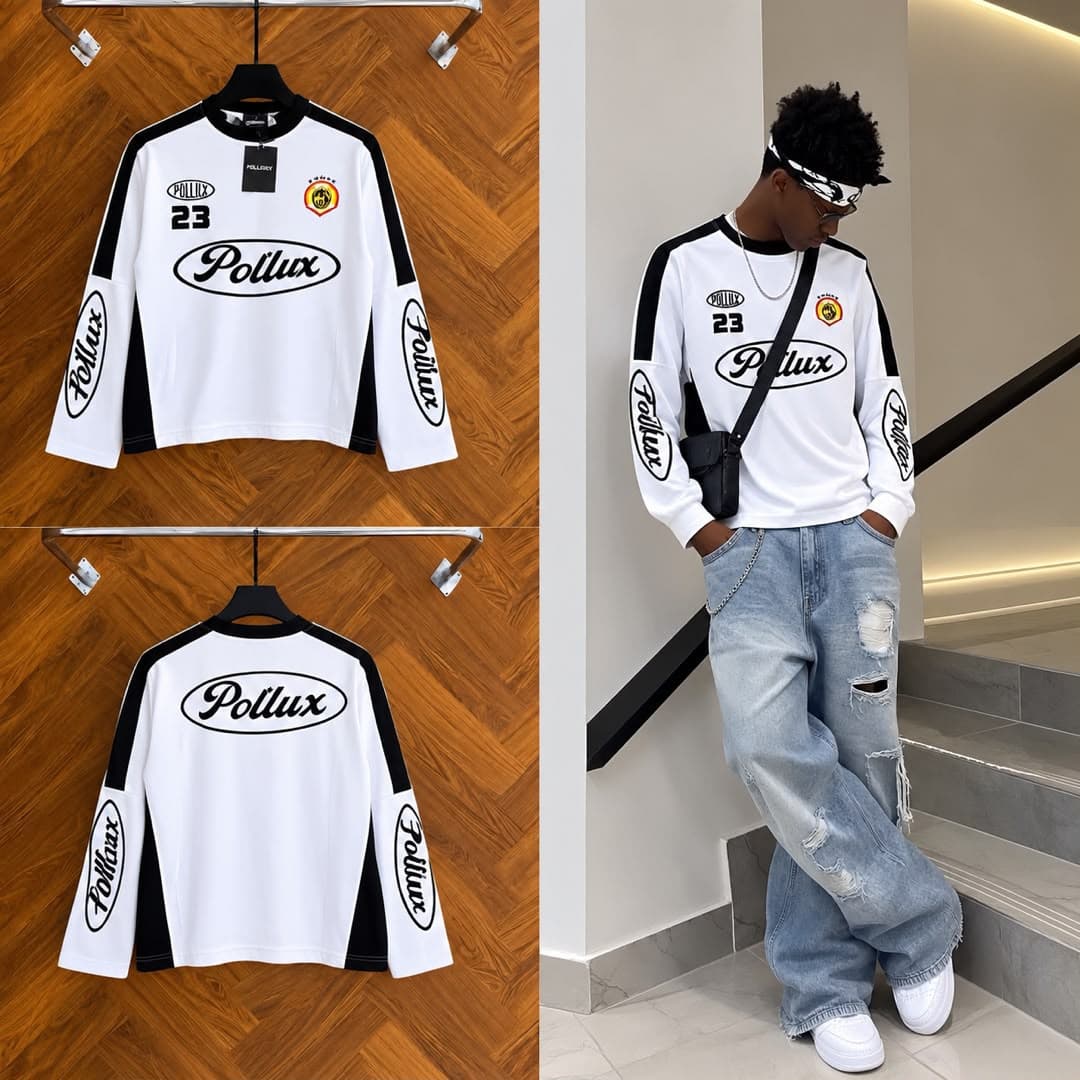 White Pollux 23 long sleeve jersey in front, back flat lays and lifestyle view.