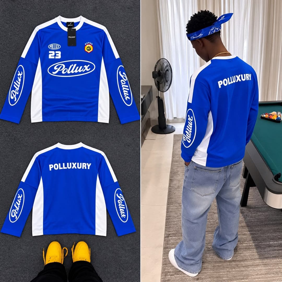 Blue Pollux 23 long sleeve jersey in front, back flat lays and lifestyle view.