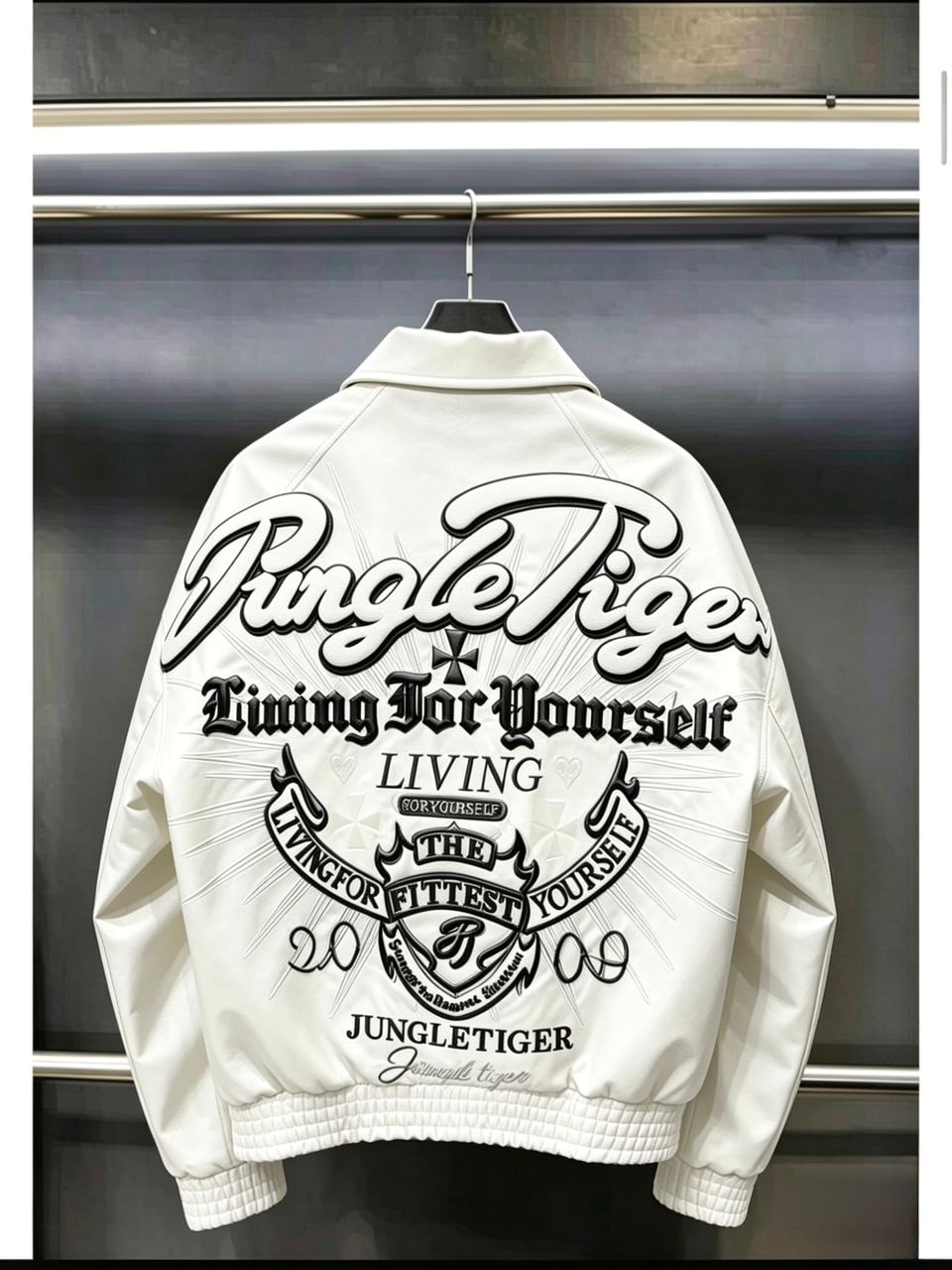 Back view of white JungleTiger leather bomber jacket with full graphic embroidery.