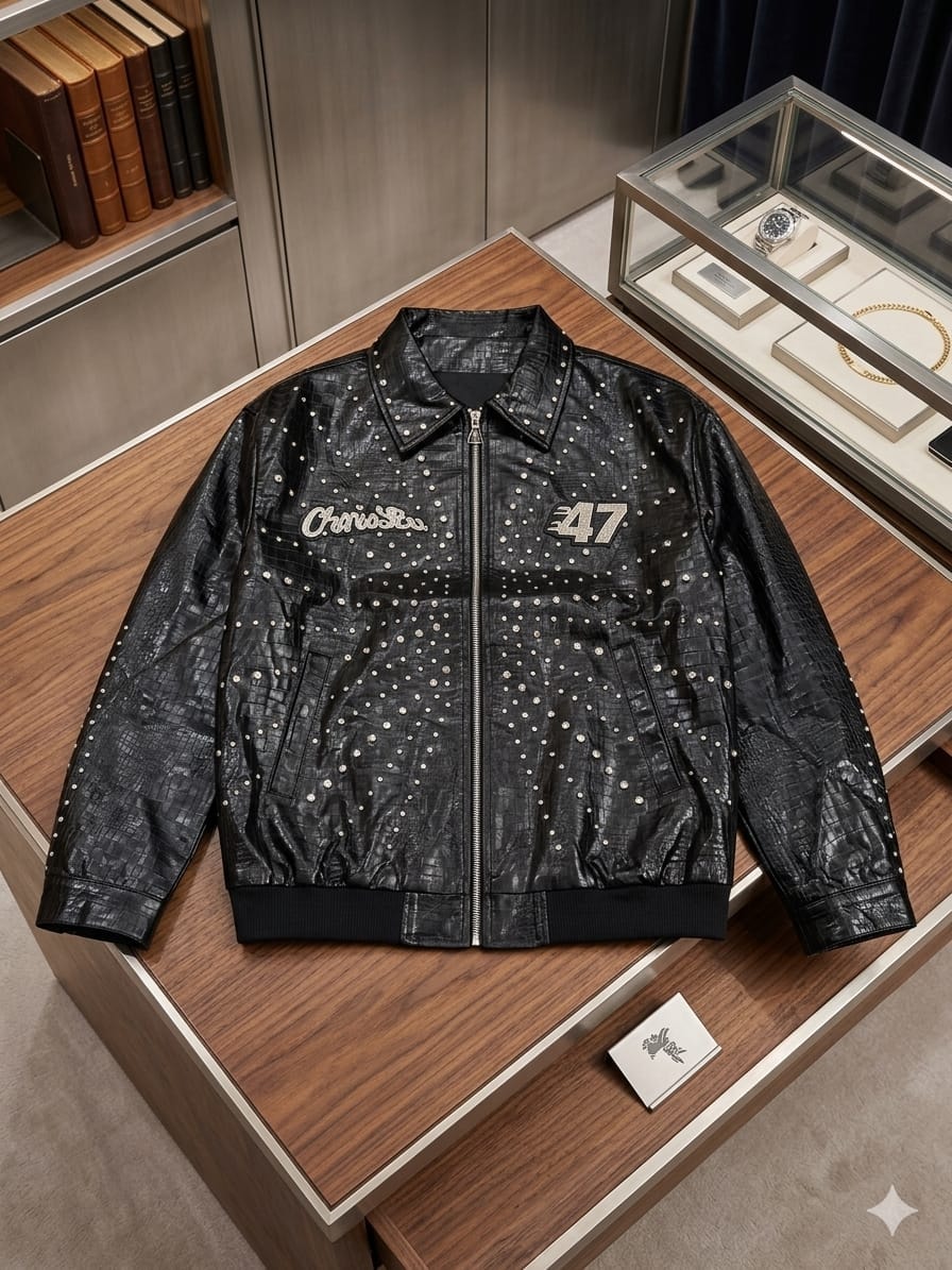Black studded crocodile leather bomber jacket displayed on table with luxury accessories.