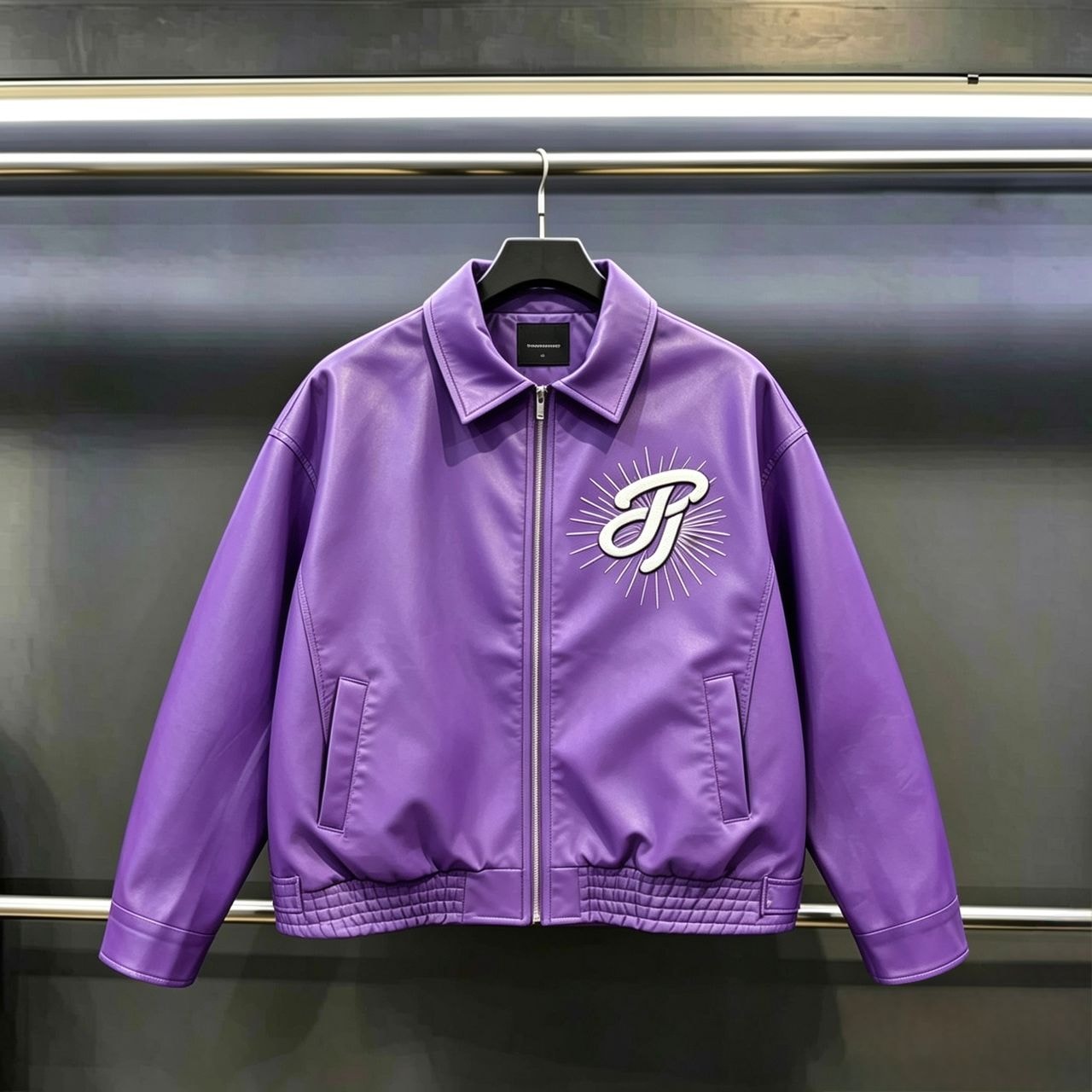 Front view of purple JungleTiger leather bomber jacket showing chest logo and zip closure.