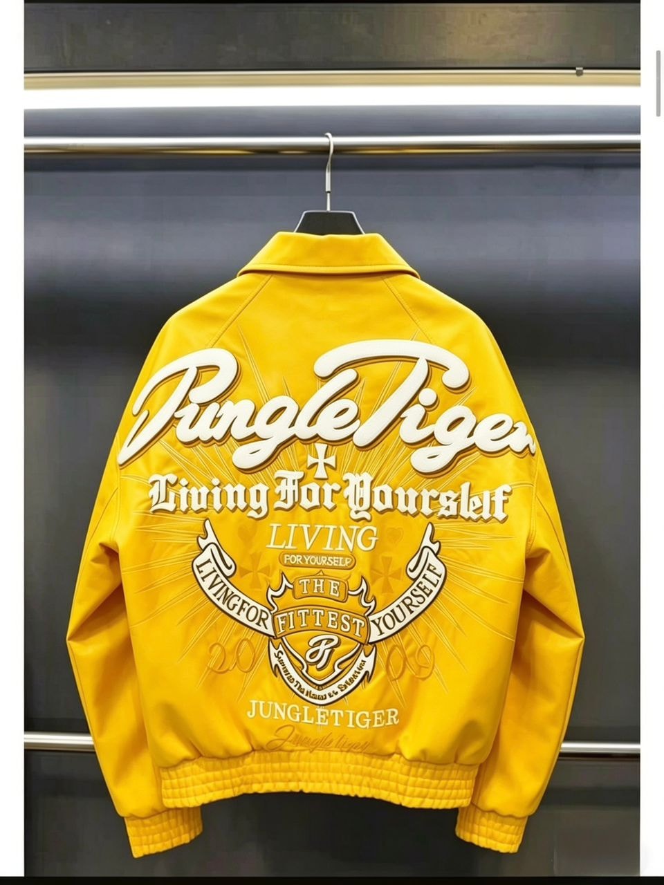 Back view of yellow JungleTiger leather bomber jacket with full graphic embroidery.
