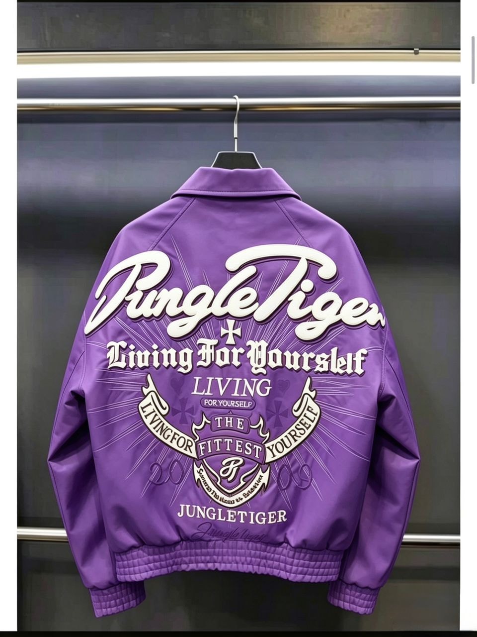 Back view of purple JungleTiger leather bomber jacket with full graphic embroidery.