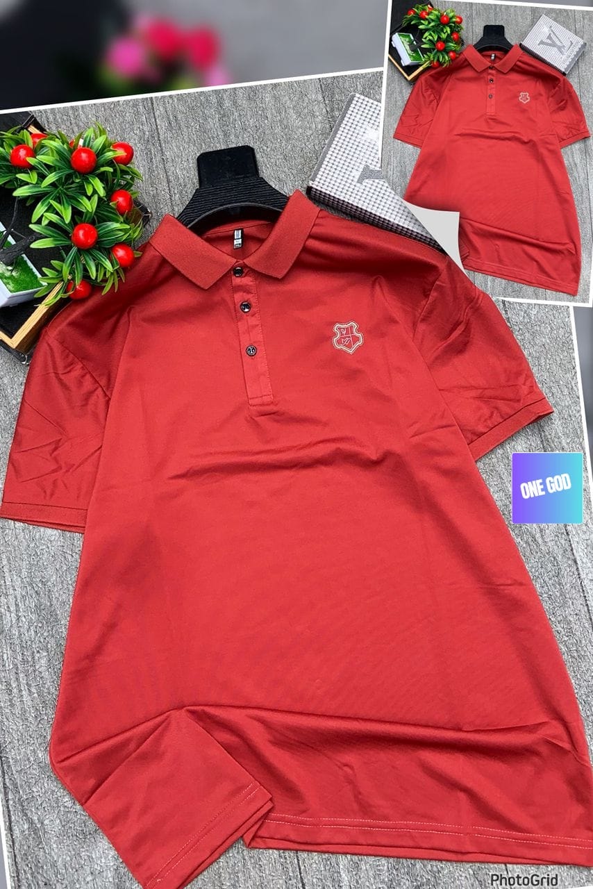 Solid red polo shirt on hanger with close-up inset showing logo and collar details.