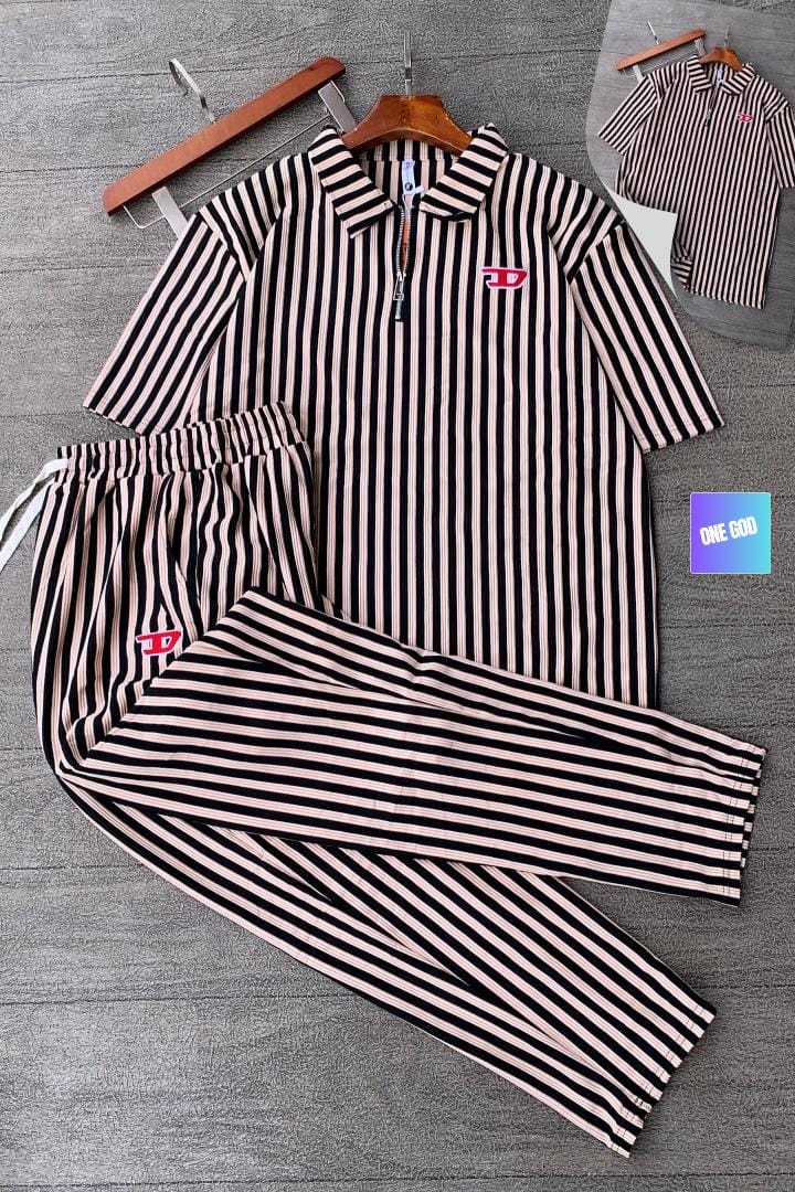 Pink and black striped ribbed two-piece set with red logo on polo top and pants.