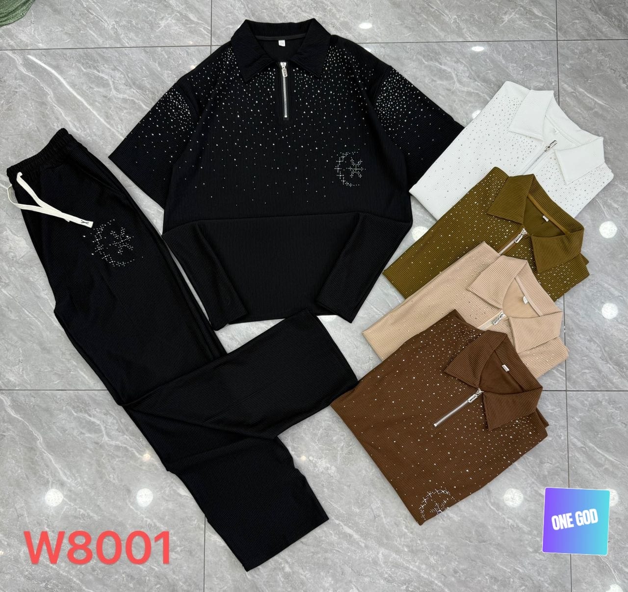 Black allover rhinestone ribbed two-piece set shown alongside white, olive, beige and brown variants.