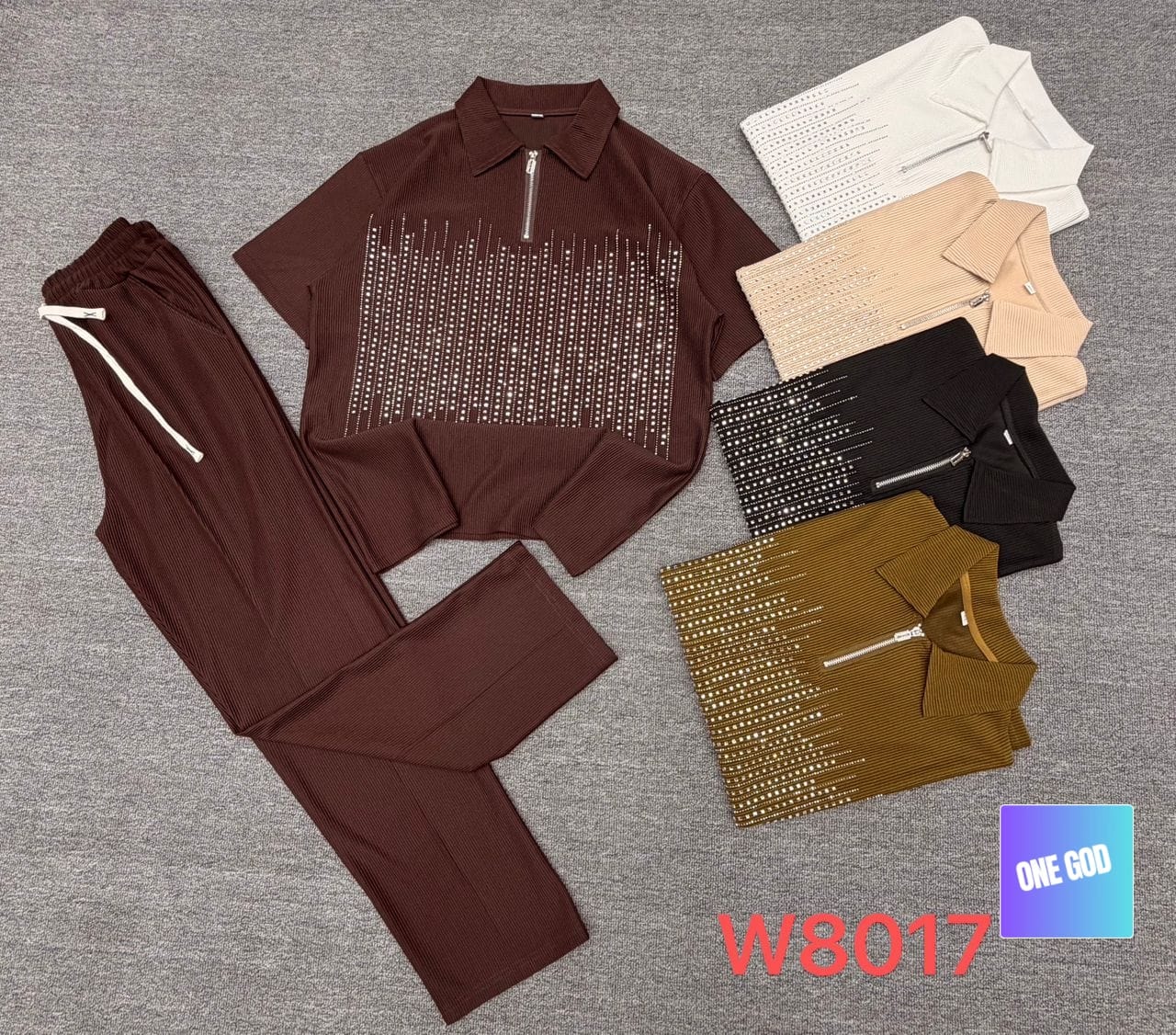 Multiple color variants of vertical rhinestone ribbed two-piece sets including brown, white, beige, black and olive.