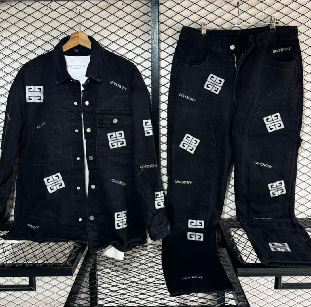 Black denim jacket and pants two-piece set with repeating Givenchy logos.