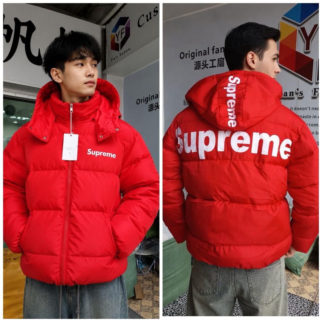 Man wearing red Supreme puffer jacket modeled in front and back views.