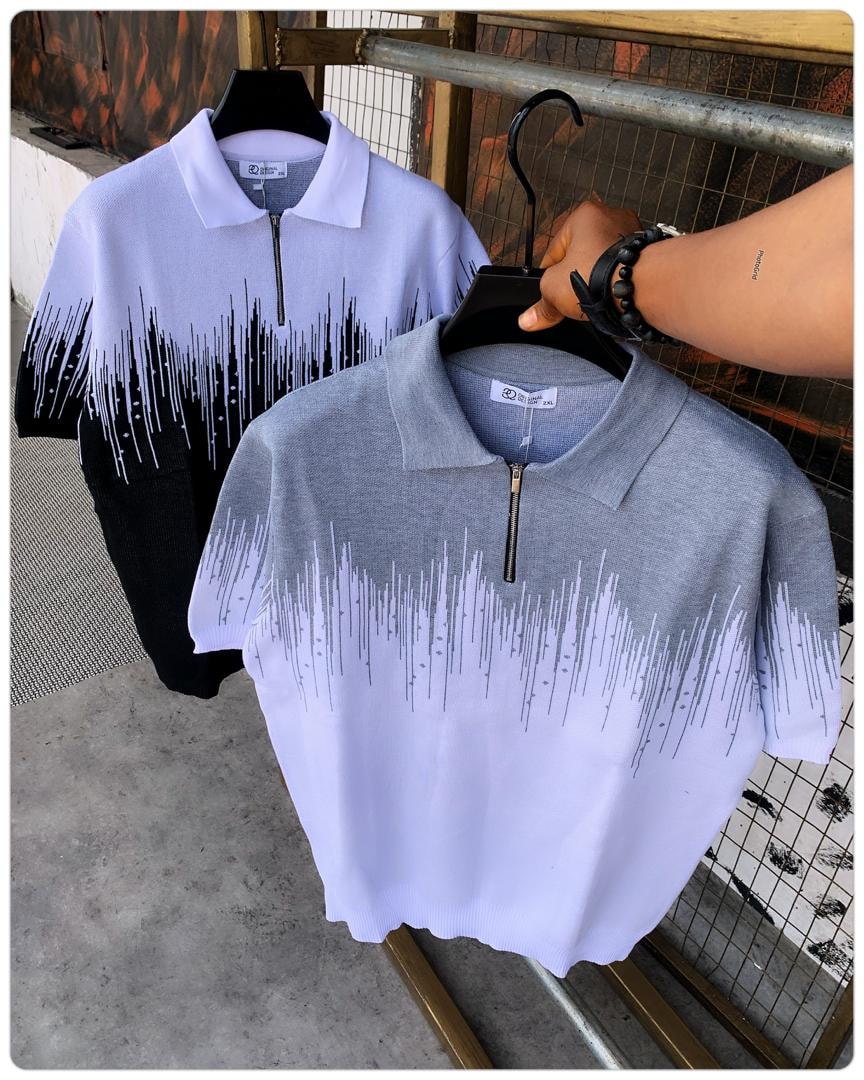 Knitted polo shirts with drip pattern in purple-black and gray-white colorways.