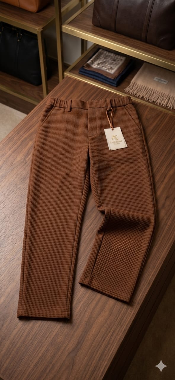 Brown textured waffle knit trousers with tag on wooden surface.