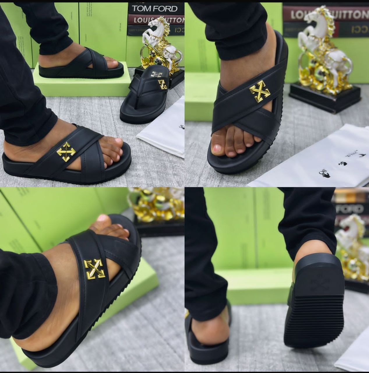 Black Off-White slides with gold arrow logo shown on feet from multiple angles with luxury boxes and decor.