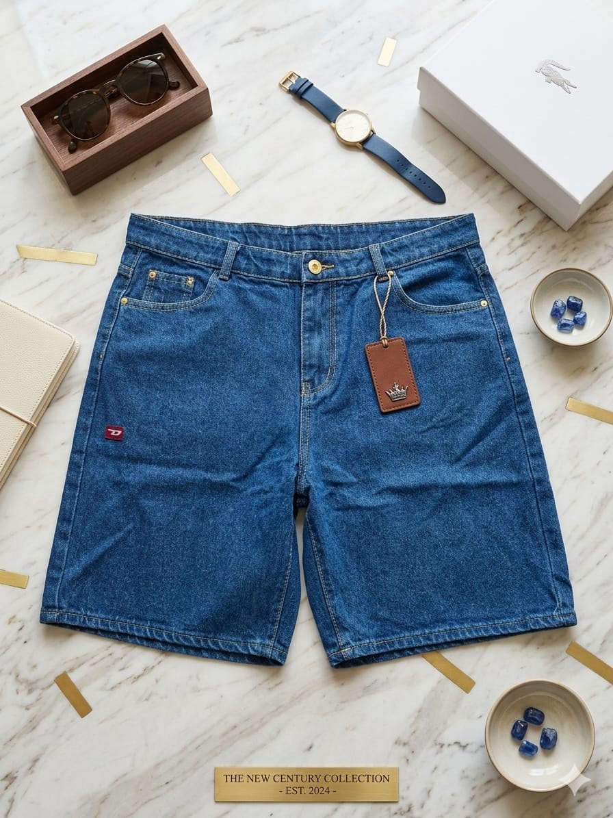 Blue denim jorts laid flat on marble with accessories and crown tag visible.