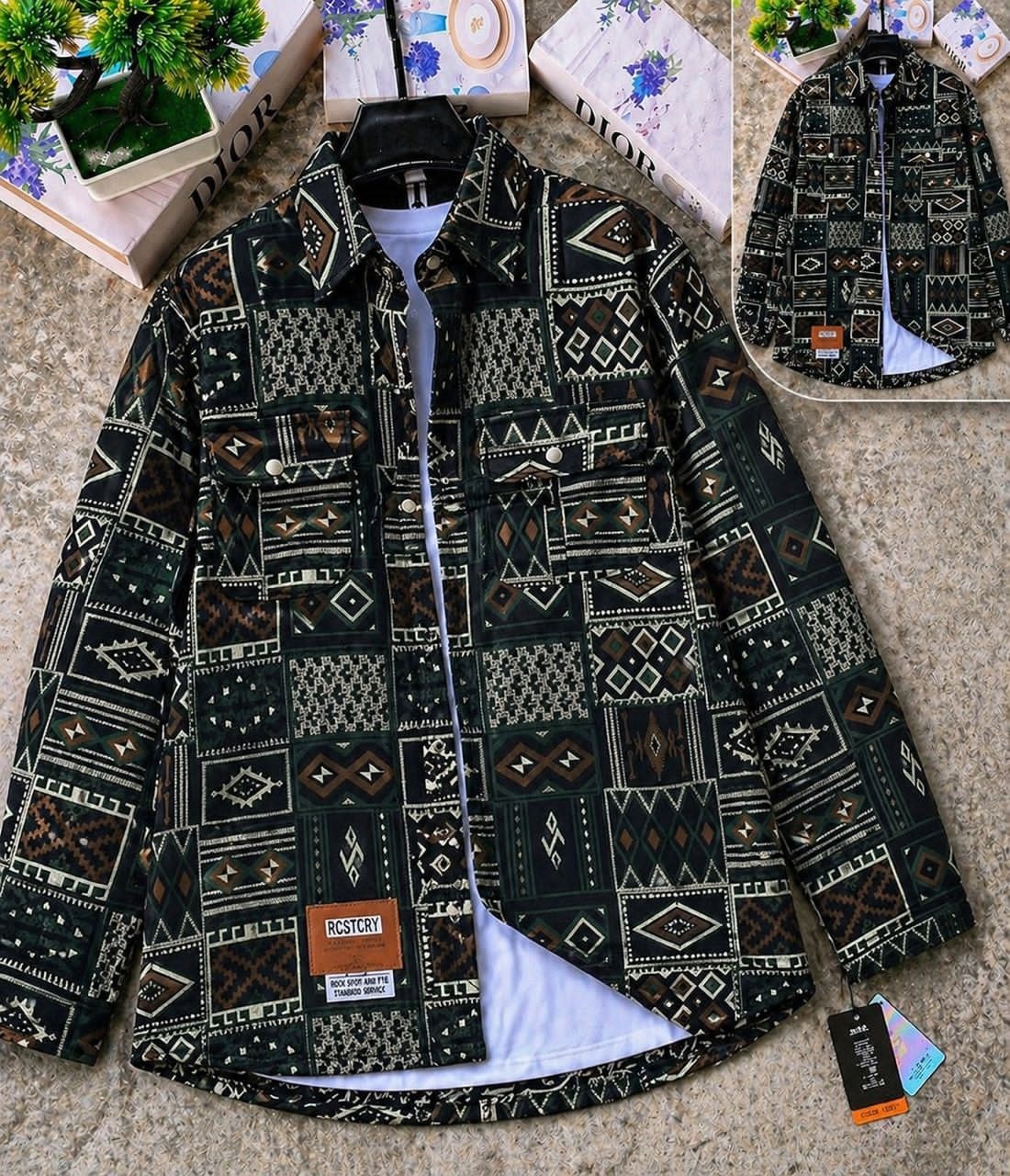 Green geometric pattern denim jacket displayed on hanger with white inner tee and small back view inset.