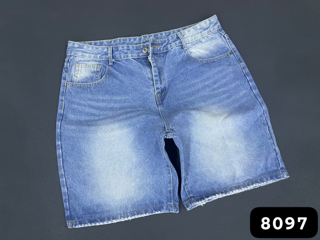 Light blue faded denim shorts with soft wash and frayed hems.