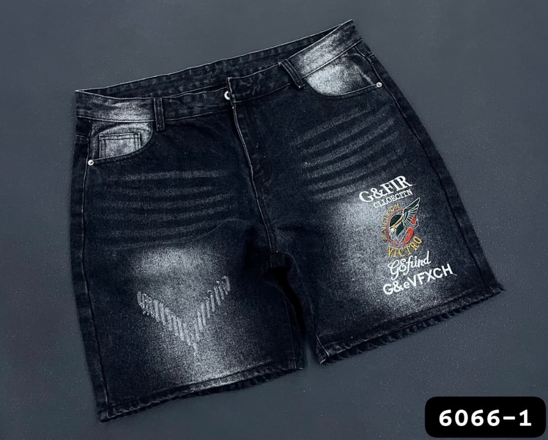 Black denim shorts with G&FIR colorful logo embroidery and stitched rip.