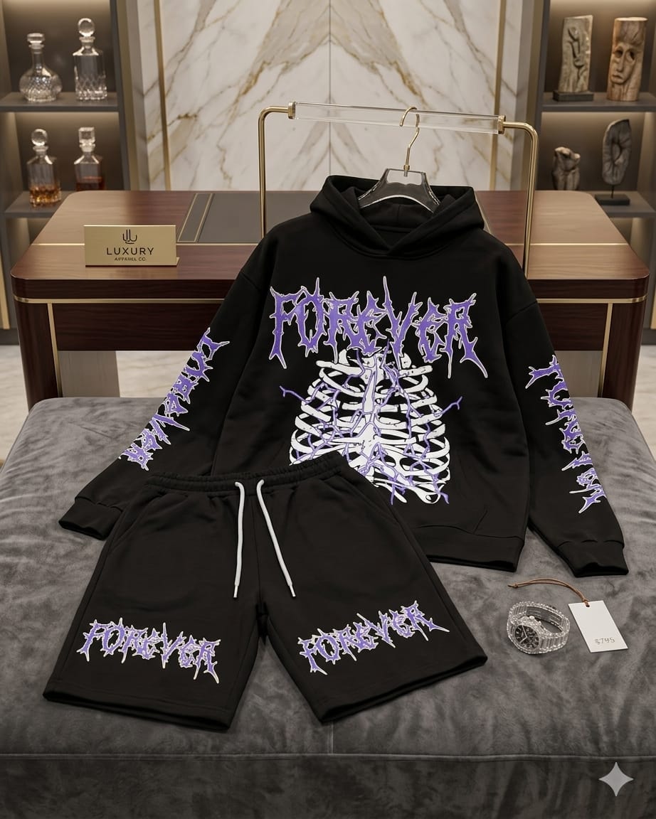 Black hoodie and shorts two-piece set with skeleton ribcage and FOREVER graphic prints.