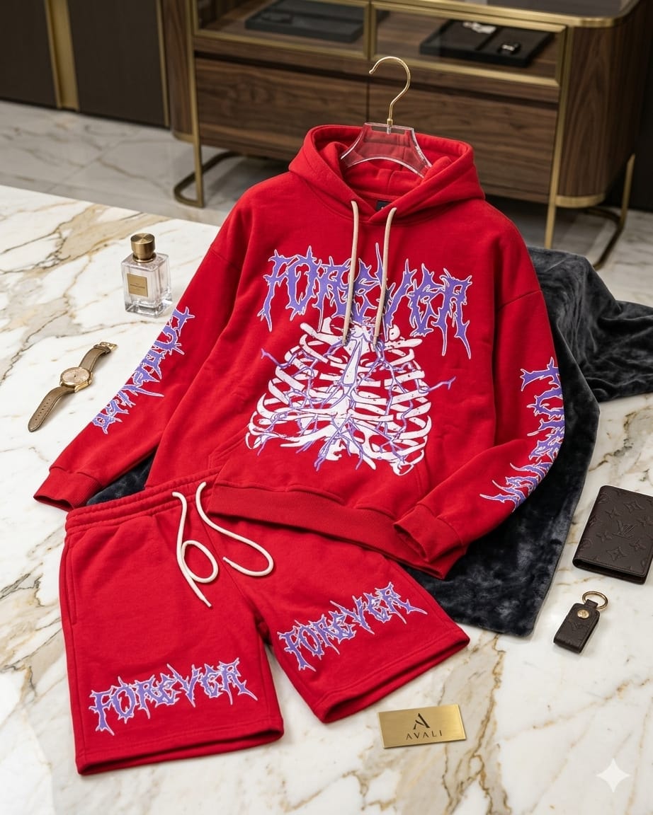 Red hoodie and shorts two-piece set with skeleton ribcage and FOREVER graphic prints.