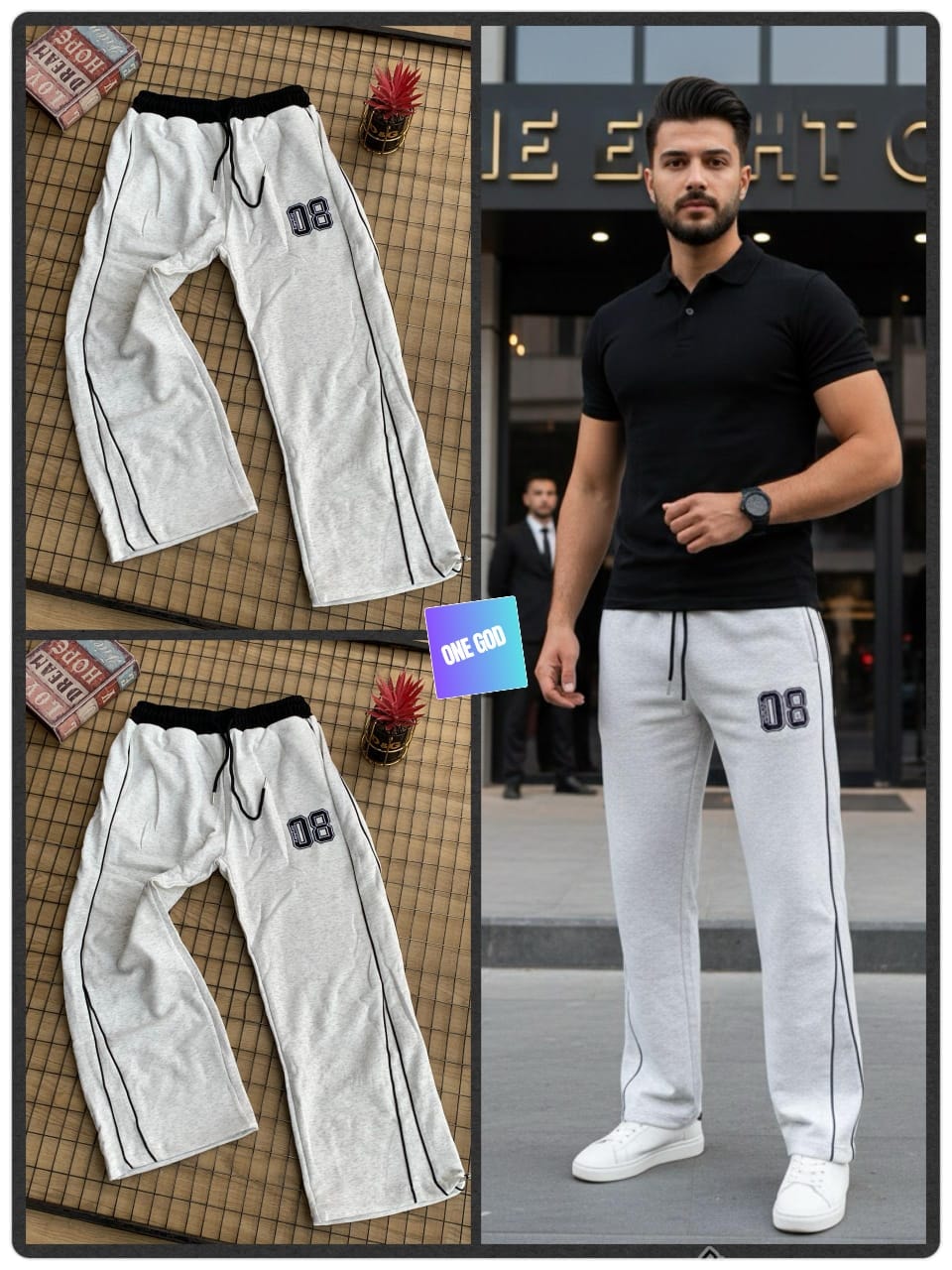 Light gray joggers with 08 print and black stripes in flat lay and on model.