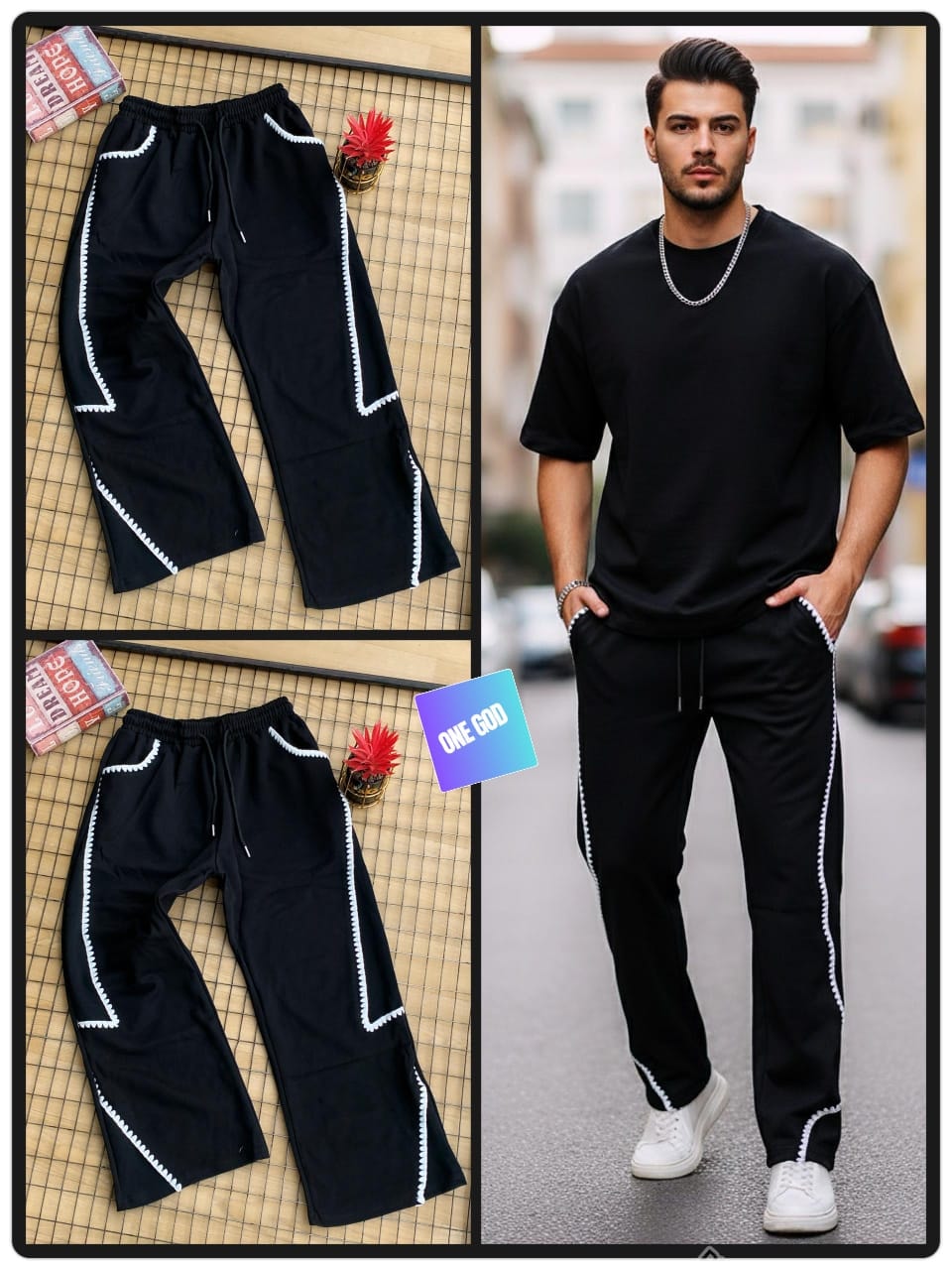 Black joggers with white zigzag stitching shown in flat lay and worn by model.