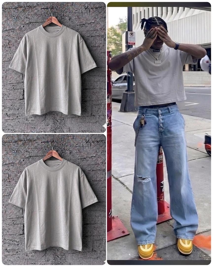 Man wearing light gray plain crop tee with flat lay and hanging views of the light gray tee.