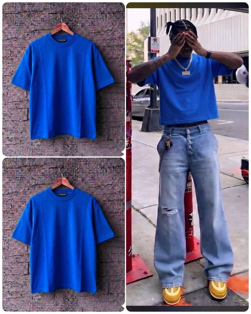 Man posing in bright blue plain crop tee with flat lay and hanging views of the blue tee.