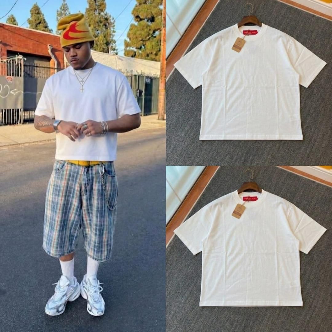 Man in white plain crop tee with accessories alongside flat lay and hanging views of the white tee.