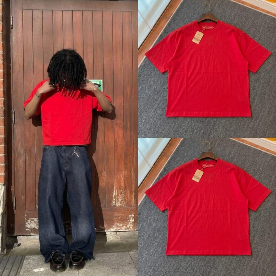 Man adjusting red plain crop tee outdoors with flat lay and hanging views of the red tee.