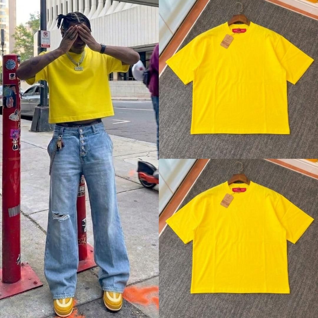 Man posing outdoors in yellow plain crop tee with flat lay and hanging views of the yellow tee.
