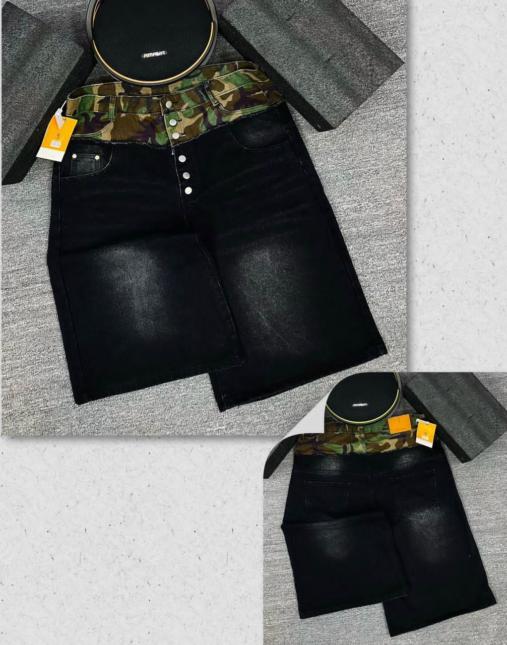 Flat lay of black 3/4 denim shorts with camouflage waistband, shown from front and back.