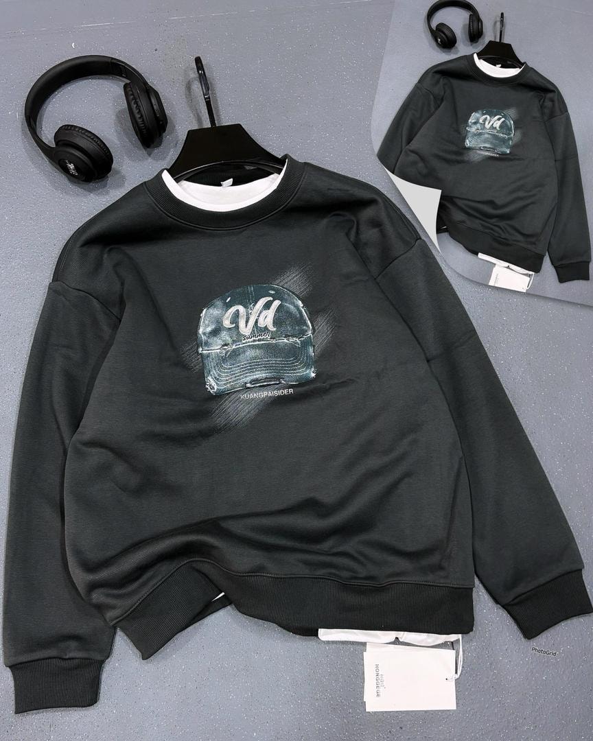 Gray crewneck sweatshirt with distressed baseball cap graphic on chest.