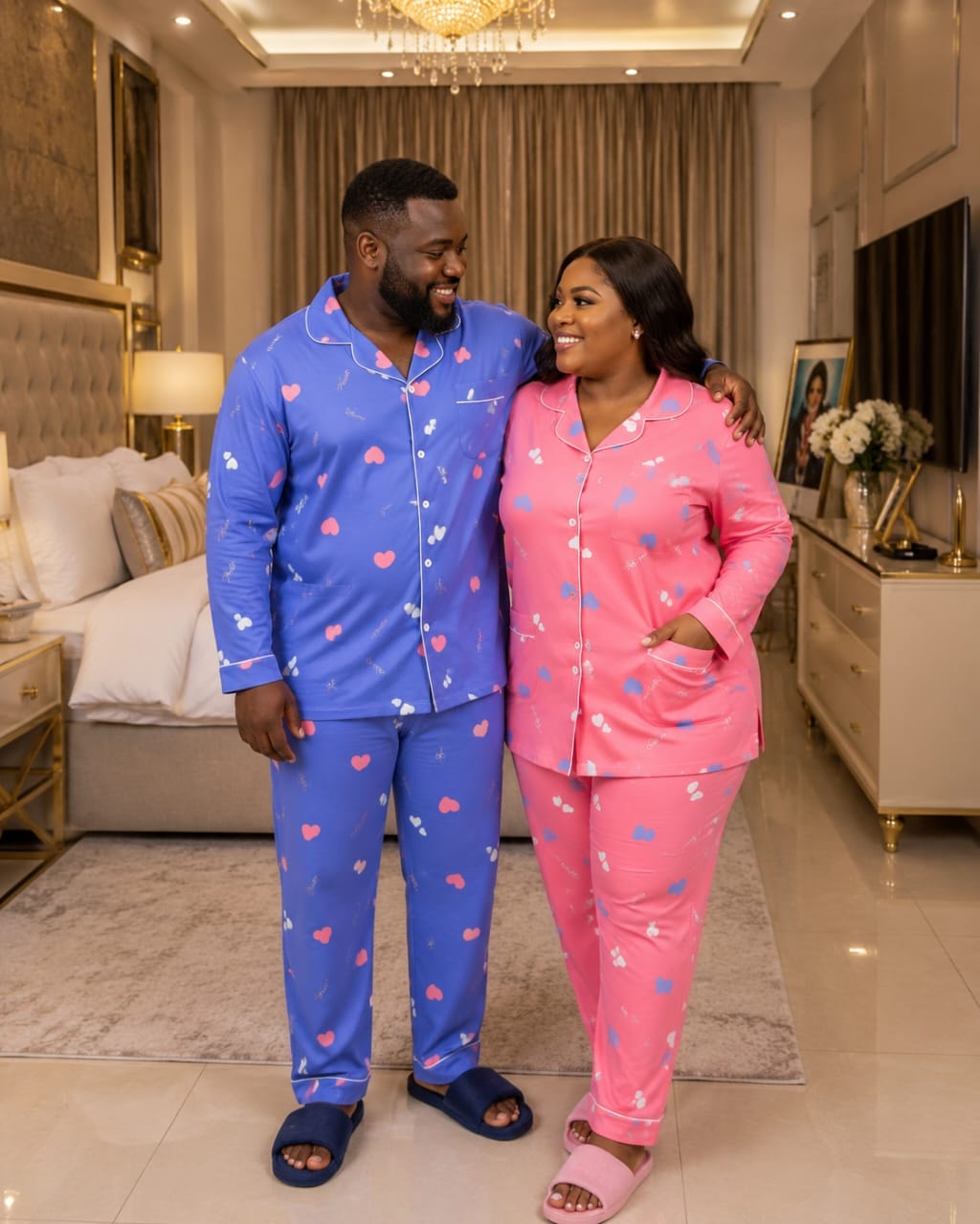 Smiling couple in blue and pink matching heart print pajama sets in living area.