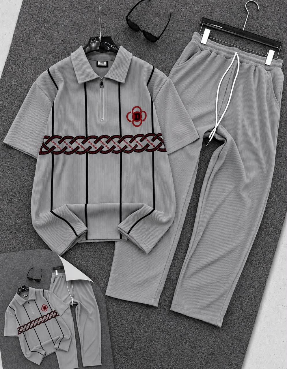 Light gray ribbed polo and jogger two-piece set with red chain embroidery.
