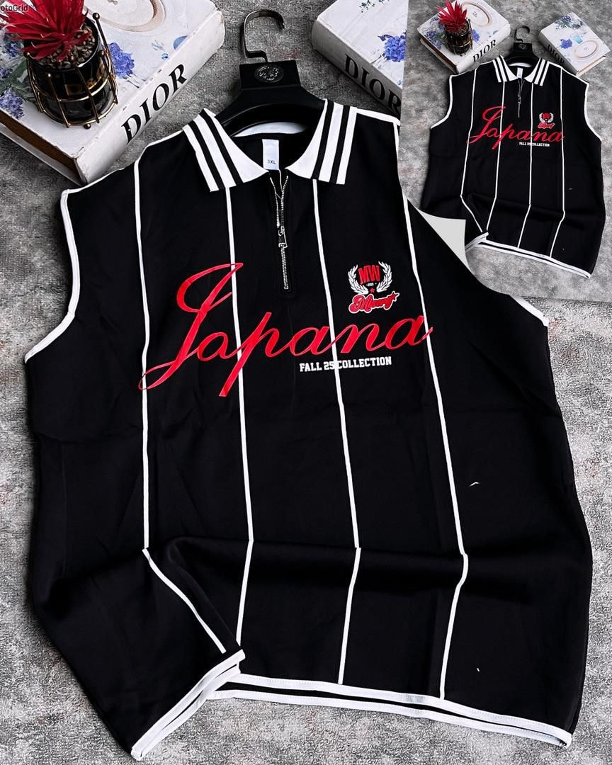 Black striped armless top with red Japana graphic and striped collar.