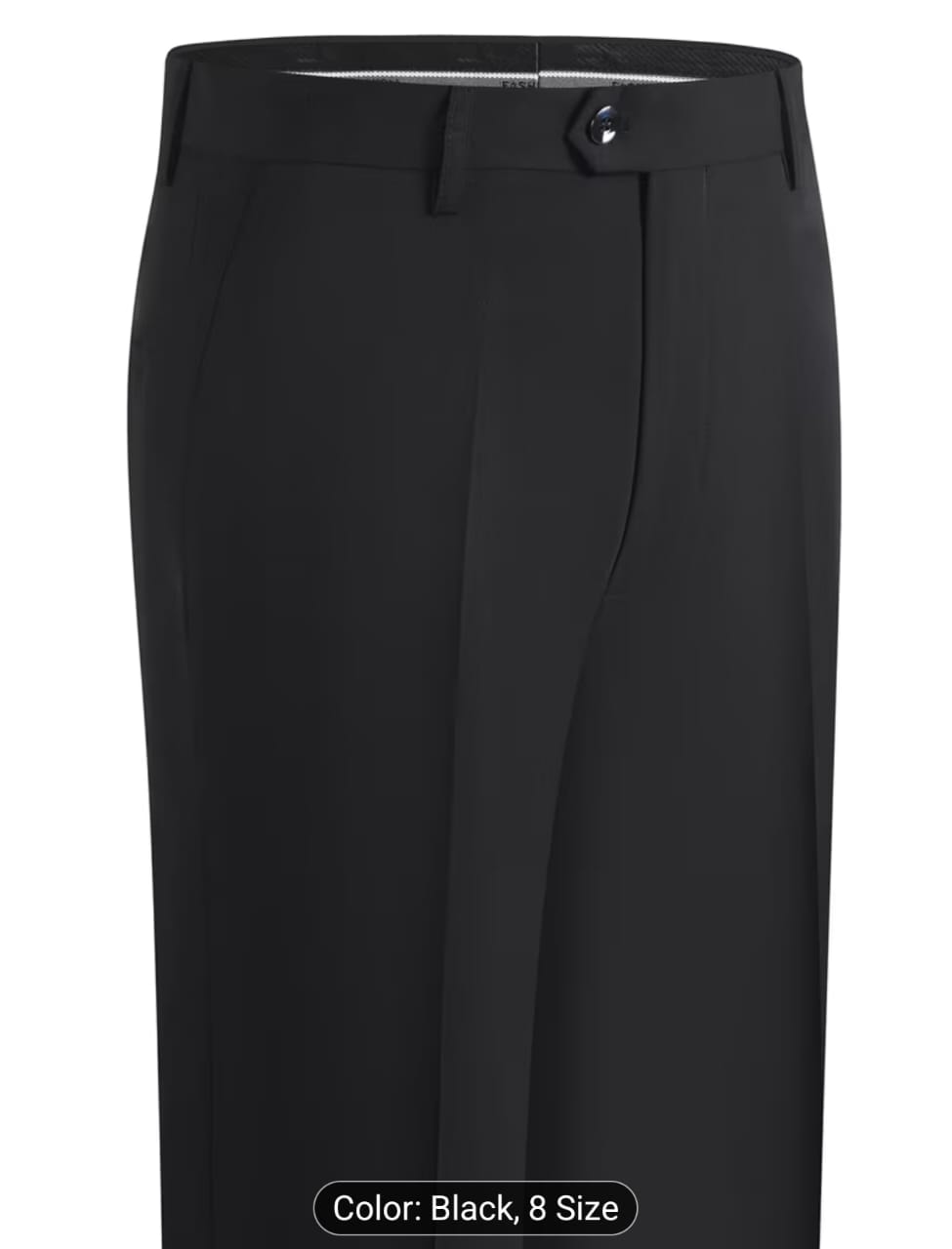 Black formal trousers close-up showing waistband, button and pleat details.