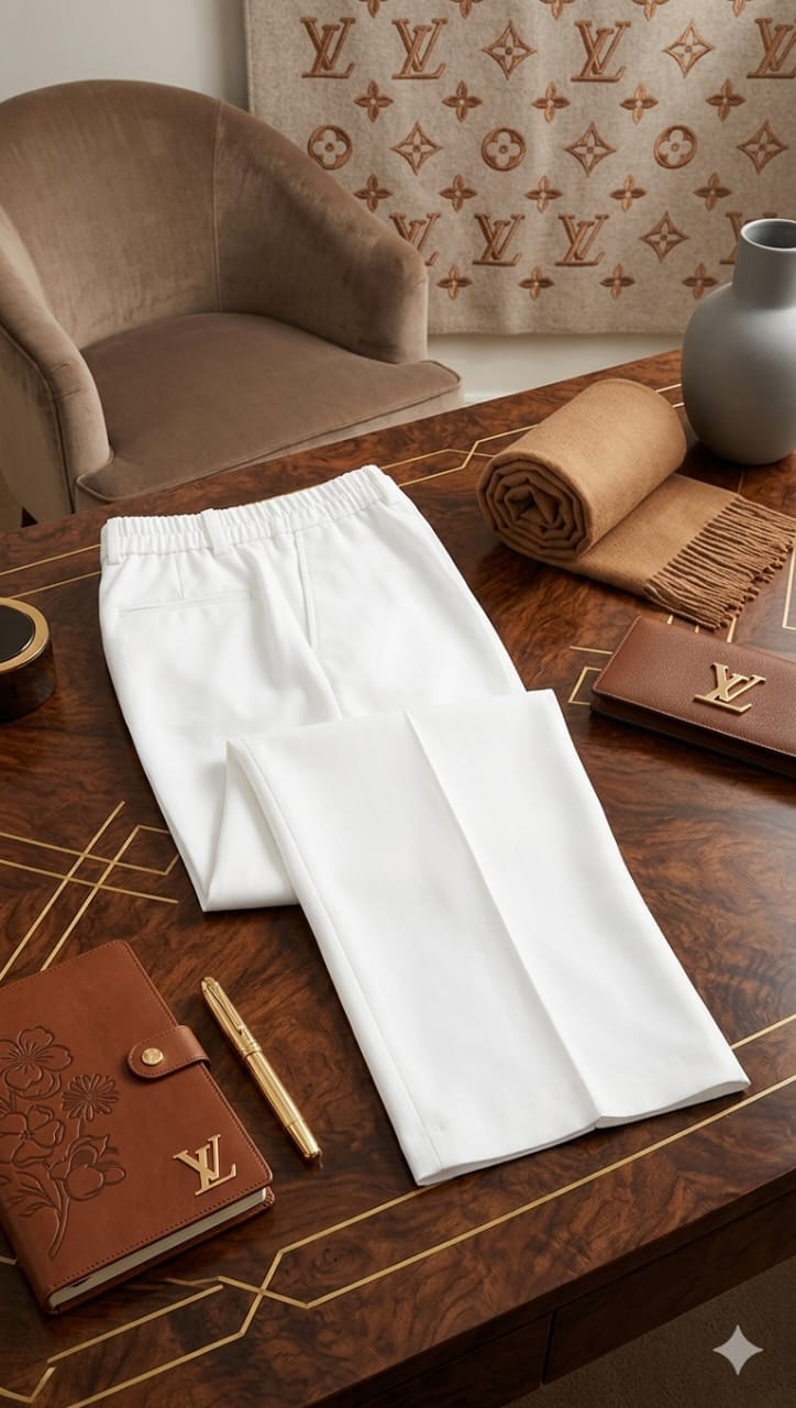 White corporate trousers displayed on luxury wooden desk with accessories.