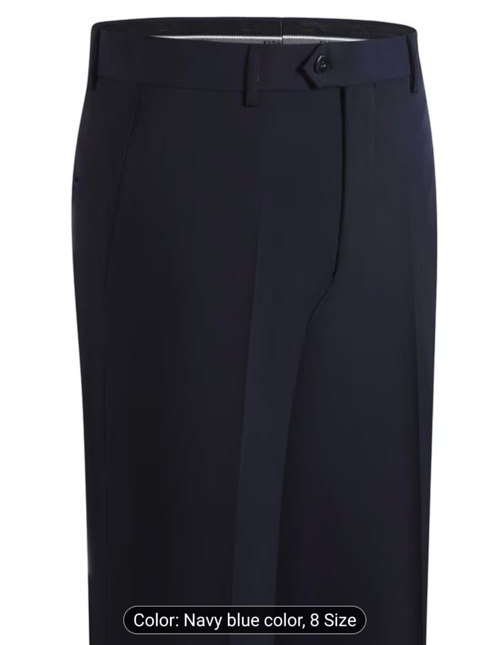 Navy blue corporate trousers close-up view.