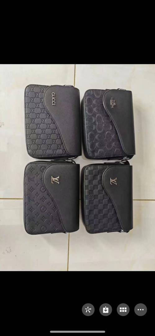Four black designer logo crossbody bags with Gucci, circular pattern, LV monogram and checkered LV designs.