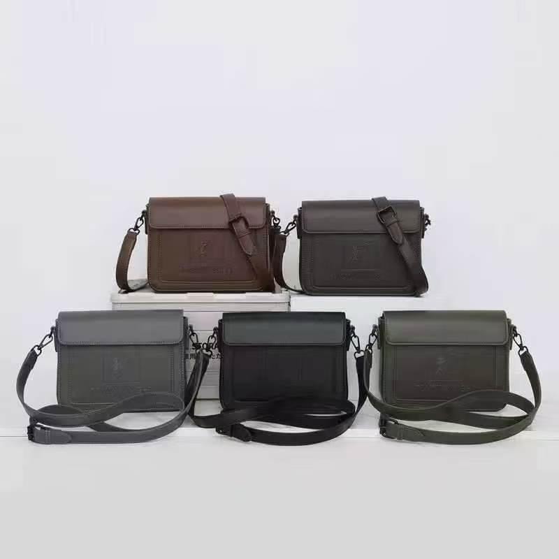 Five polo logo crossbody bags arranged in brown, dark brown, gray, black and olive colors.
