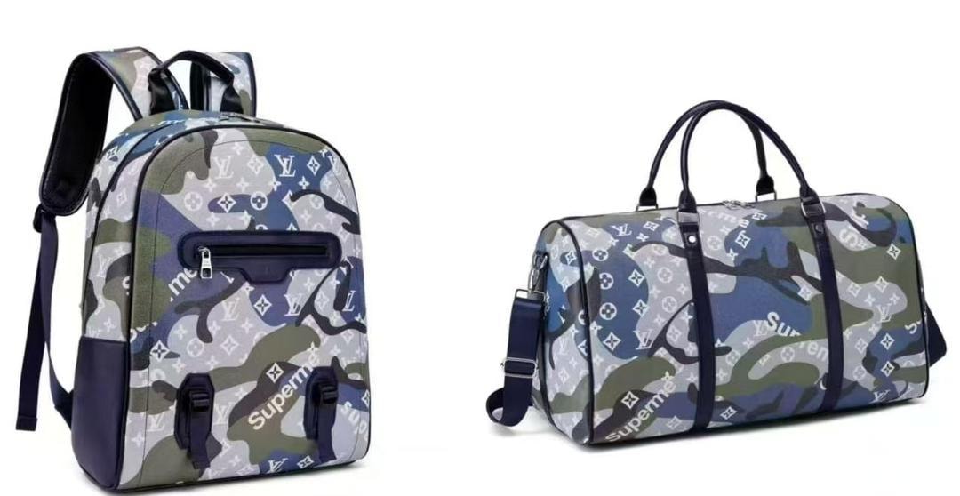 Camouflage Supreme LV backpack and duffle bag set in green blue tones.