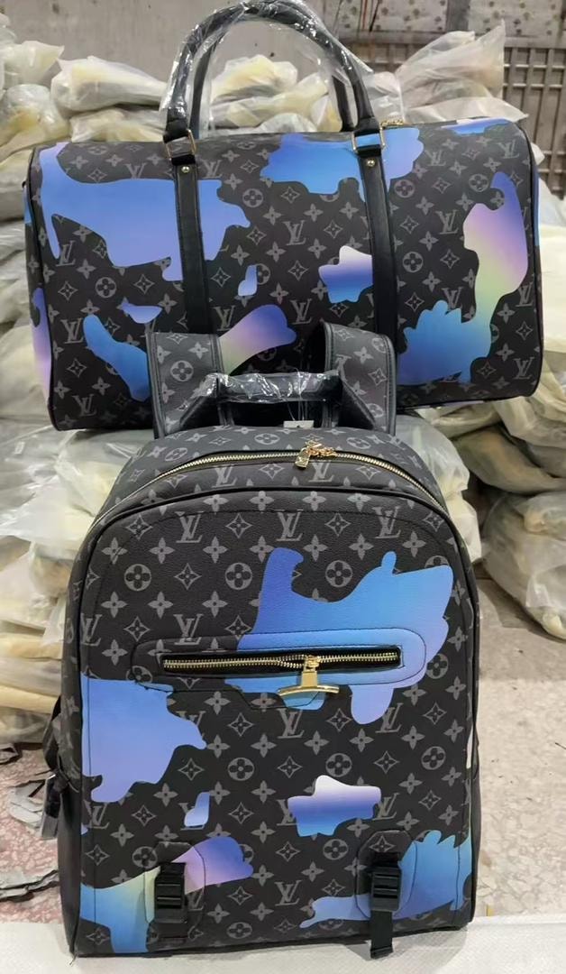 Black backpack and duffle with blue purple gradient camo over LV monogram pattern.