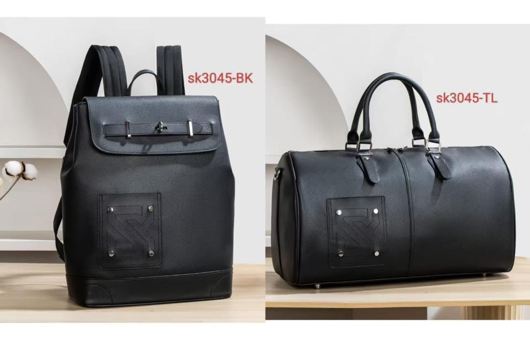 Black SK backpack and matching black duffel bag shown together.