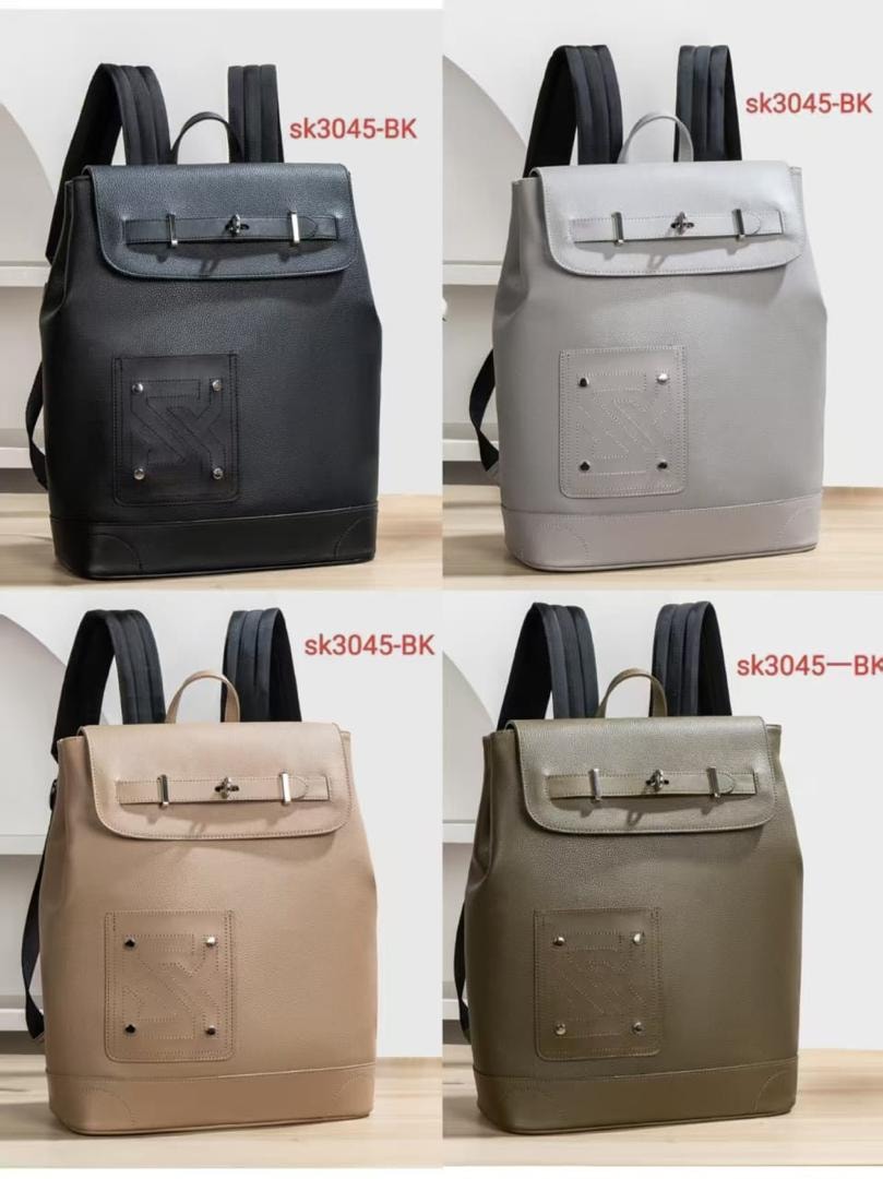 SK backpacks displayed in black, gray, beige and olive colors side by side.
