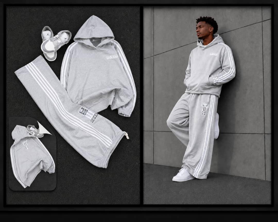 Light gray Adidas two-piece hoodie set with multiple angles including model wearing it.