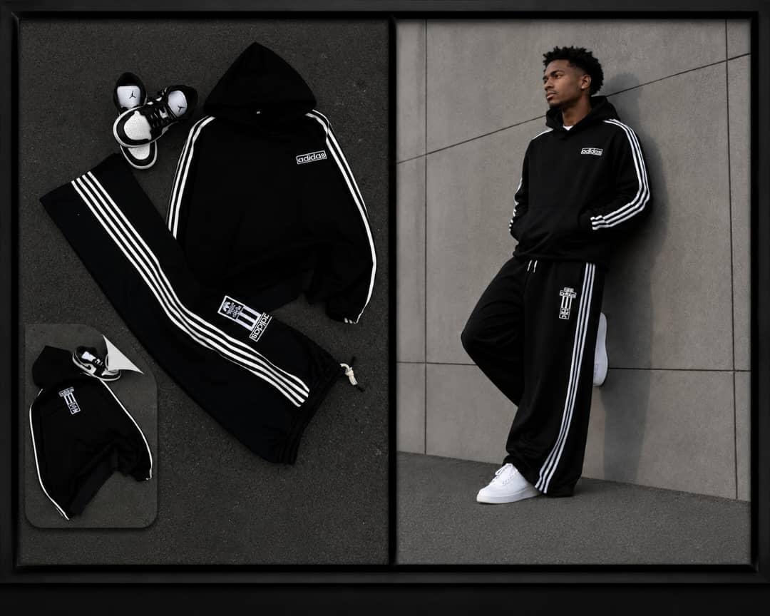 Black Adidas two-piece hoodie and jogger set shown in flat lay and on model.