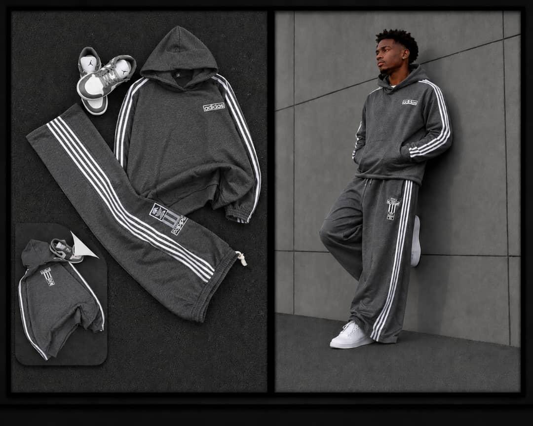Dark gray Adidas hoodie and joggers set with flat lay and model views.