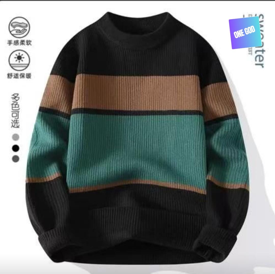 Black green and brown colorblock ribbed knit sweater with material icons.