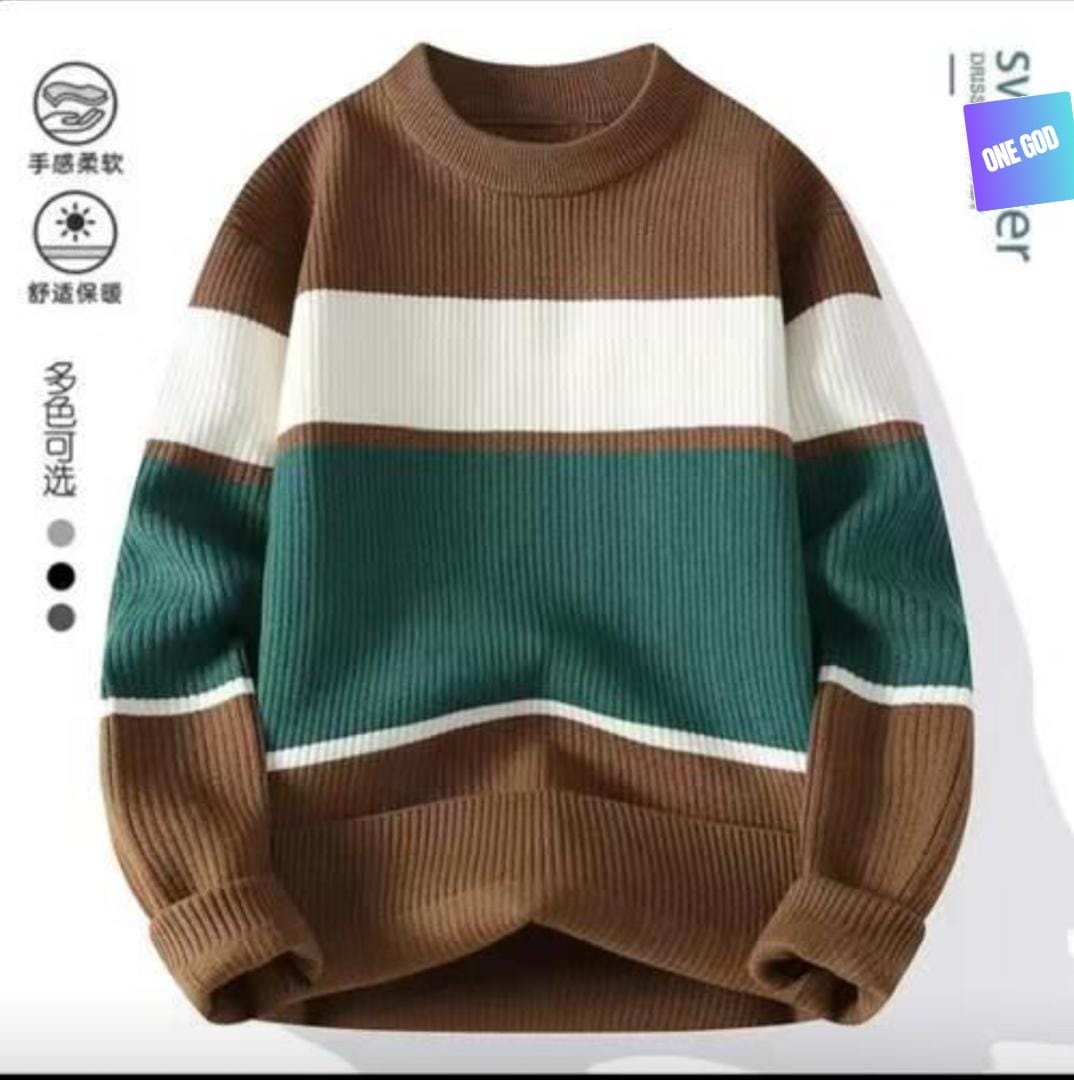 Brown green and white colorblock ribbed knit sweater with material icons.