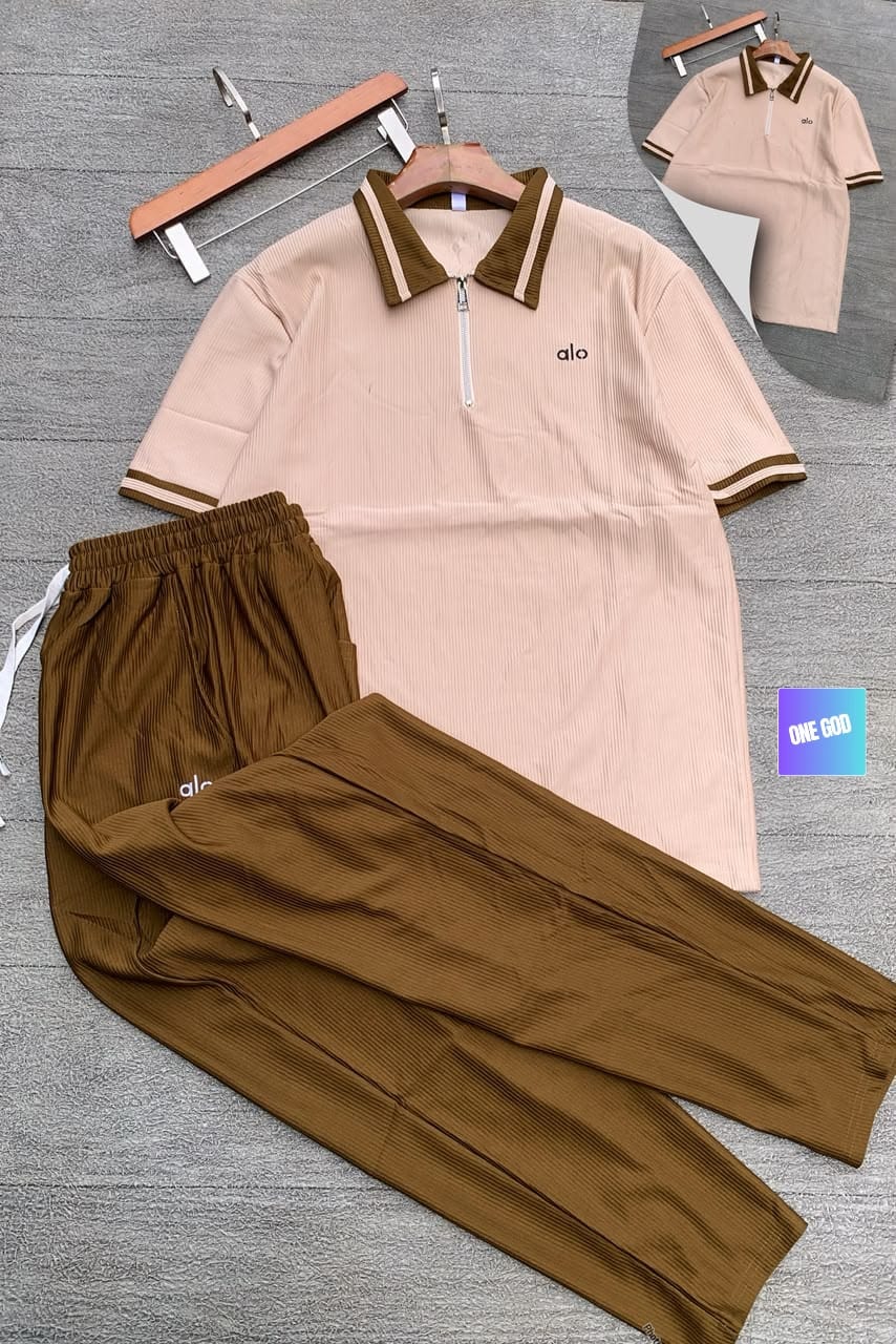 Beige polo top with brown ribbed pants Alo two-piece set.