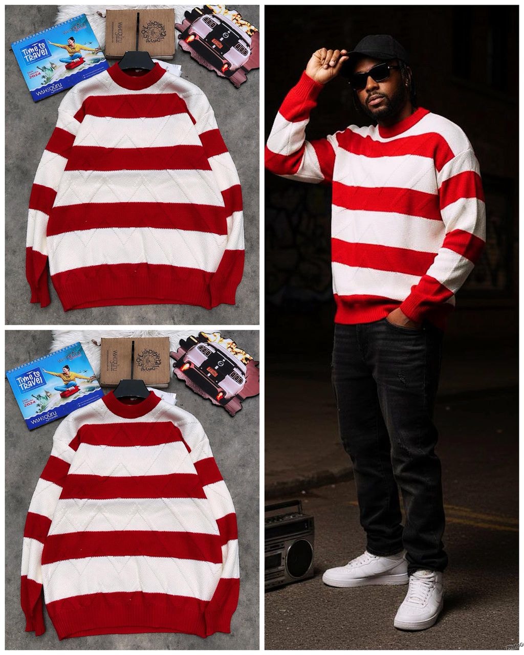 Red and white striped knit sweater in flat lay with accessories and on model posing outdoors.